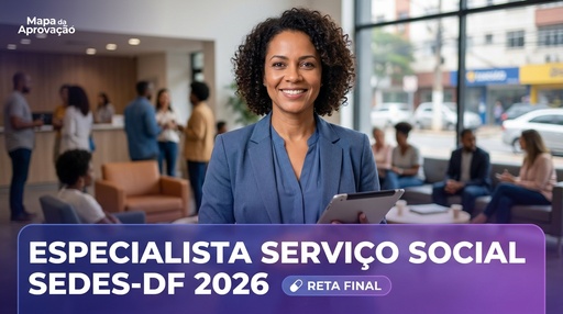 Capa do curso Especialista Serviço Social SEDES-DF 2026 — Simulado Quadrix Comentado + Minha Banca (IA)