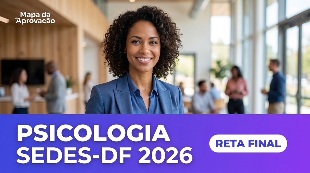 Psicologia SEDES-DF 2026 — Curso completo Quadrix: apostilas focadas, simulados comentados, Audiobook, Mentoria 24h e correção de redação